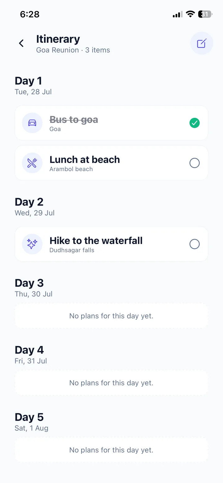 A day-by-day TripSynk itinerary listing planned activities for each day of a trip