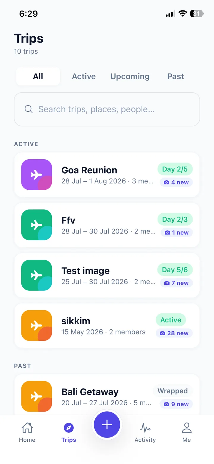 A list of active, upcoming and past trips in TripSynk