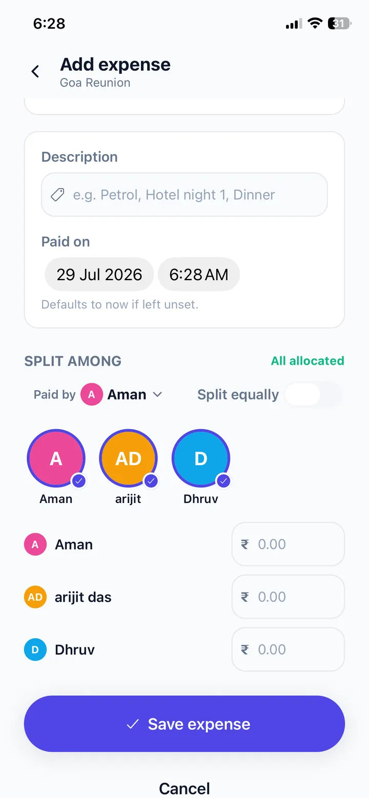 Recording an expense against specific people on a TripSynk trip